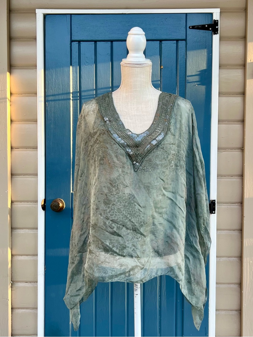 Le Marais Paris Silk Poncho Blouse Sage Green Boho Sequin Embellished Italy M